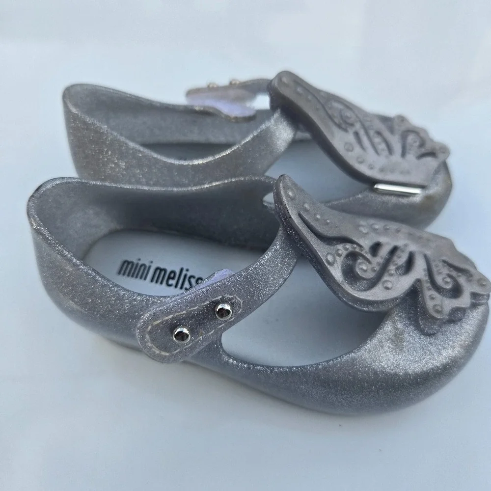 Mini Melissa Toddler‎ Silver Gray Sparkle butterfly Bow Girls Shoes Size 6c